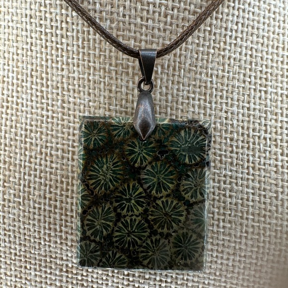 Green and Brown Coral Fossil Square Pendant Necklace on Brown Rope - Picture 3 of 12